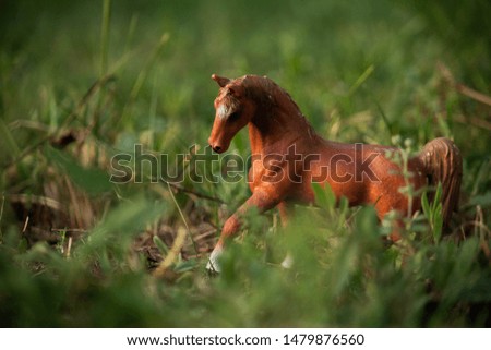 brown horse in the green grass, animal wild, plastic toys, nature background