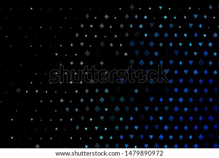 Dark BLUE vector cover with symbols of gamble. Colored illustration with hearts, spades, clubs, diamonds. Pattern for ads of parties, events in Vegas.