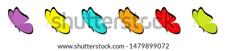 Butterfly icon set. Colorful blue red yellow green orange violet wings. Cute cartoon kawaii funny character. Flying insect silhouette. Flat design. Baby clip art. White background. Isolated. 