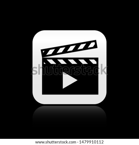 Black Movie clapper icon isolated on black background. Film clapper board. Clapperboard sign. Cinema production or media industry concept. square button. Vector Illustration