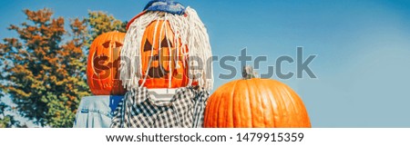 Seasonal Halloween holiday autumn fall scary decoration. Carved horrible faces from fresh harvest pumpkin against blue sky background. Web banner header for website.