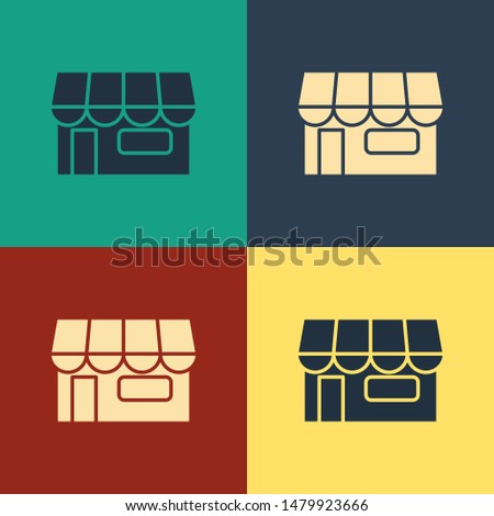 Color Shopping building or market store icon isolated on color background. Shop construction. Vintage style drawing. Vector Illustration