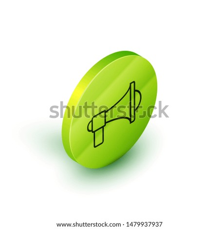 Isometric line Megaphone icon isolated on white background. Loud speach alert concept. Bullhorn for Mouthpiece scream promotion. Green circle button. Vector Illustration