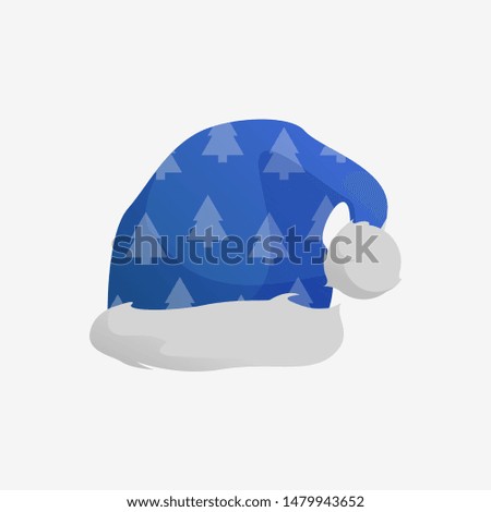 Red Xmas hat wit fir trees. Santa Claus, cap, white fur, head cloth. Christmas concept. Vector illustration can be used for topics like party, holiday, costume