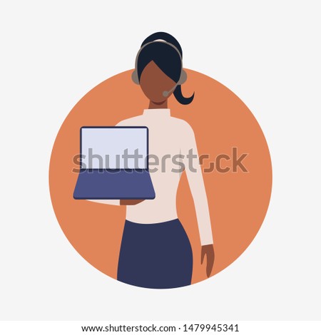 Call center operator showing laptop. Customer support phone worker with headset, 24 7, female. Customer support concept. Vector illustration for presentation slide, poster, projects