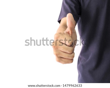 Closeup thumb up black shirt partial body concept on white isolated background,Thumb good crop half body
