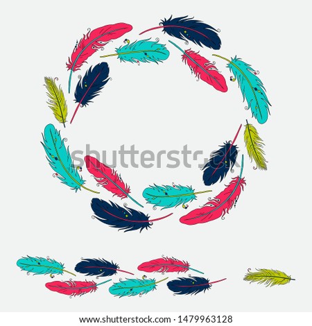 Vector set of frame and patterned brush with colorful feathers isolated on white background. Illustration