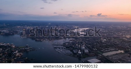 Aerial view of Boston at twilight 