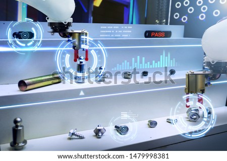 Robotic arm Machine learning working for quality control and measurement with AI, Autonomous hand select spare parts in factory industrial for business. Royalty-Free Stock Photo #1479998381