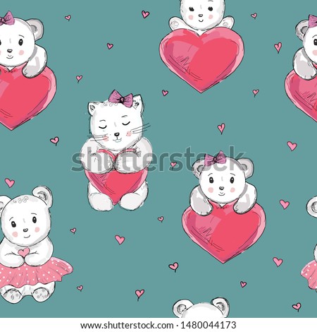 cute white cats and bears, hearts on azure background, seamless pattern