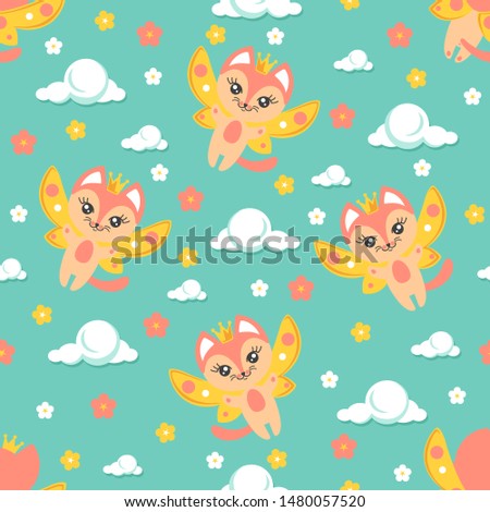 Cute pink kittens with butterfly wings flying in the sky between clouds and flowers.  Seamless pattern vector illustration.