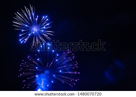 Blue fireworks in the night sky. Festive firecracker. Beautiful background. Royalty-Free Stock Photo #1480070720