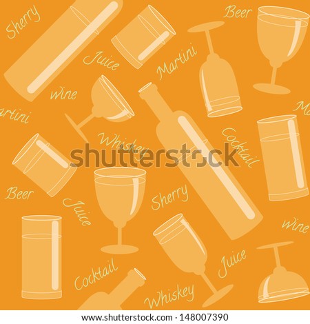 Seamless pattern with glasses, bottles and text. Raster version 