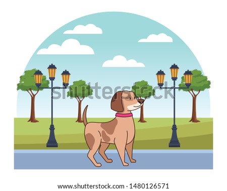 Cute dog puppy pet cartoon in the park, outdoors scenery background vector illustration graphic design.