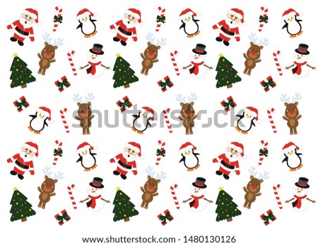 christmas background with santa claus, penguin, deer, christmas tree and snowflakes, pattern