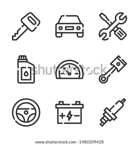 Car service vector line icons set. Battery, key, oil, piston, speedometer and more. Editable stroke