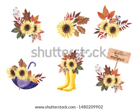 Hand painted big Watercolor Autumn Bouquet set with leaves, berries, flowers, umbrella and rubber boots isolated. Sunflower and oak. Design for greeting card, sticker, wedding invitation, scrapbook