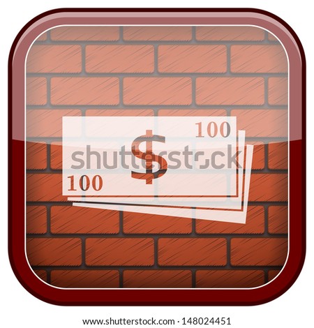 Square shiny icon with white design on bricks wall background