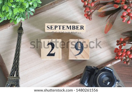 September 29. Date of September month. Number Cube with a flower camera and Sign wood on Diamond wood table for the background.