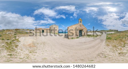 360 photo of an old church and an antique fortress for the defense of the island of Sálvora
