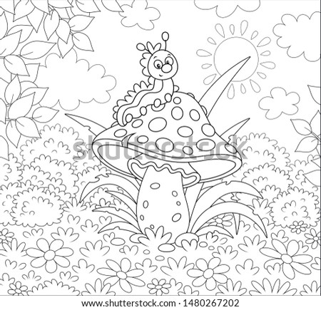 Funny caterpillar crawling on a big amanita on a glade of a summer forest, black and white vector illustration in a cartoon style for a coloring book
