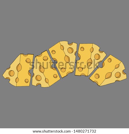 Cartoon cheeses pattern for printing in books. Vector illustration of a pieces of porous yellow cheeses is hand-drawn on a grey background.0