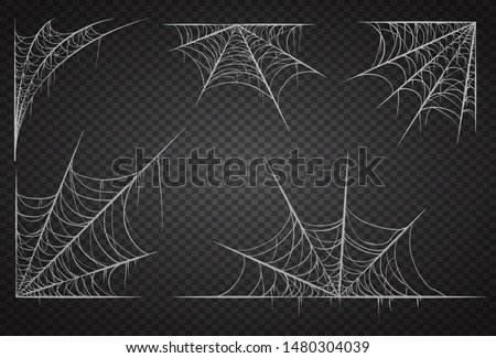 Cobweb set, isolated on black transparent background. Spiderweb for halloween, spooky, scary, horror decor Royalty-Free Stock Photo #1480304039