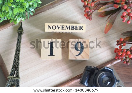 November 19. Date of November month. Number Cube with a flower camera and Sign wood on Diamond wood table for the background.