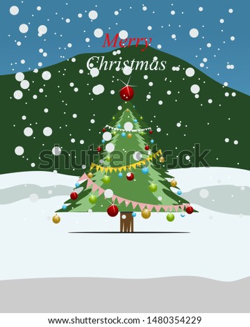 Christmas tree gift card. blue and snow background. Merry Christmas and Happy New Year. winter design Vector illustration