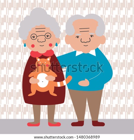 National Grandparents Day. Family illustration. Aged parents. Grandmother and grandfather. Red fat cat. International family holiday. Cartoon characters. For children's books, web.