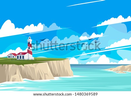 vector illustration of the lighthouse landscape with buildings on the rocky shore, the sea shore with rocks, panorama of the sea horizon