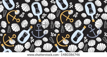 
Nautical pattern with anchors, shells, message in a bottle, Jolly Roger. Marine pattern with white and yellow elements on black. Cute hand drawn marine background, perfect for kids textile, posters