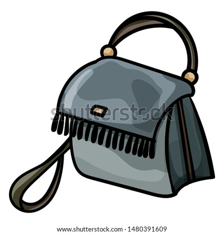 Doodle women bag with fringe for leisure and shopping. Casual summer accessory in grey with handle, genuine leather or leatherette Vector illustration. Square composition. Vector clip art