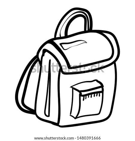 Green backpack with front zip pocket. School backpack or sports bag. Isolated image. Coloring for children, leisure, antistress. Doodle. Cartoon clip art accessory for travelers. Vector illustration. 