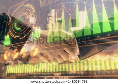 Double exposure of business theme drawing on cityscape background with handshake. Concept of partnership