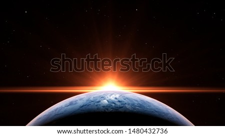 Sunrise in space over the planet Earth with a vibrant sun Royalty-Free Stock Photo #1480432736