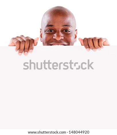 Man holding a banner - isolated over a white background
