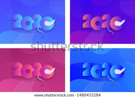 Vector modern flat 2020 new year greeting horizontal banner template set. Gradient text with rat chinesse symbol on fluid background. Design illustration for china calendar, holiday card, party poster