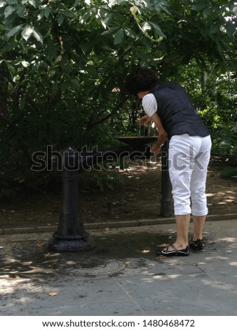 Woman drinking fontain in Central Park. Water. Trees. Park. New York City