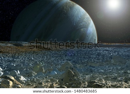 View of Jupiter, from the satellite Europe, with the Sun in the corner. Elements of this image were furnished by NASA