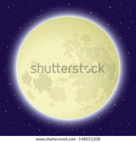 Space background, big bright moon in close-up and night starry sky. Vector