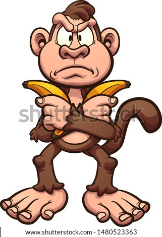 Angry cartoon monkey holding a couple of bananas across it's chest clip art. Vector illustration with simple gradients. All in a single layer. 
