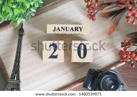 January 20. Date of January month. Number Cube with a flower camera and Sign wood on Diamond wood table for the background.
