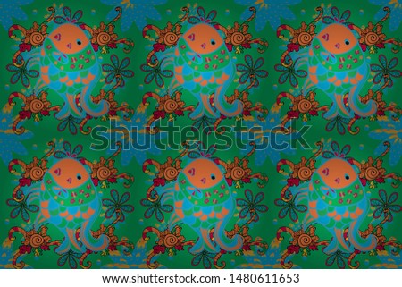 Raster illustration. Kids background.Fishes on blue, orange and green. Cute fish. Seamless pattern with fish.