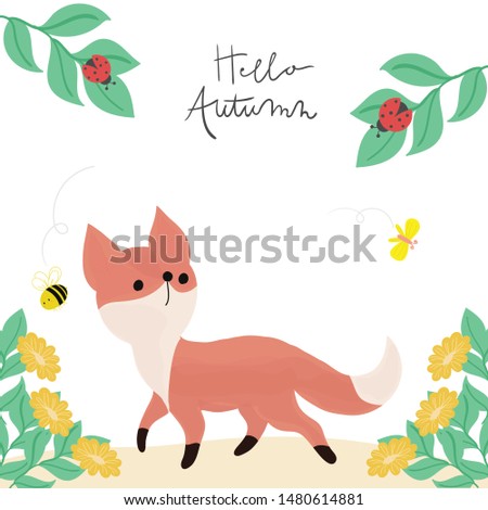 Hello autumn. Cute fox in the wild illustration. Hand drawn art.