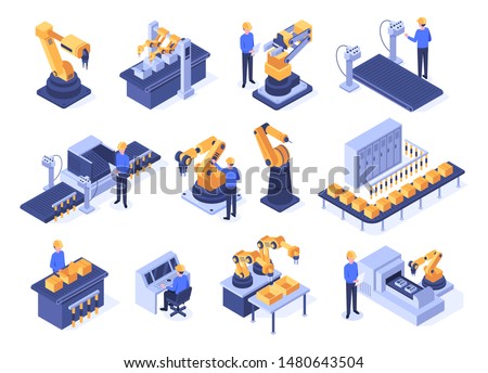 Isometric industrial robots. Assembly line machines, robotic arms with engineer workers and manufacturing technologies. Mechanic industry factory scanner. Isolated 3d vector icons set Royalty-Free Stock Photo #1480643504