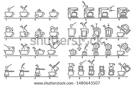 Brewing tea and coffee instruction. Preparing green tea bag, hot drinks guideline and coffee machine tutorial. Beverage preparation step instructional guide. Isolated vector illustration set Royalty-Free Stock Photo #1480643507