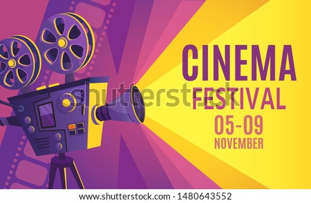 Cinema festival poster. Film billboard, retro movie camera and cinema projector. Cinematography festival flyers, filming events ticket or film entertainment banner cartoon vector illustration Royalty-Free Stock Photo #1480643552