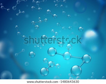 Hyaluronic acid molecules. Hydrated chemicals, molecular structure and blue spherical molecule. Microscope h2o water molecules, hyaluron acides in chemical laboratory 3d vector illustration Royalty-Free Stock Photo #1480643630