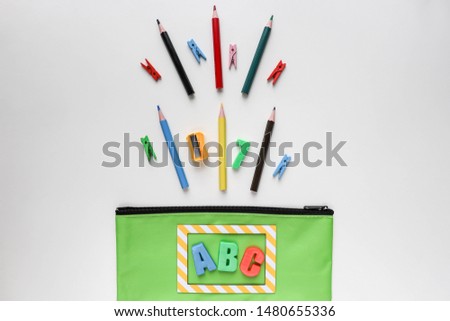 school supplies. painting set. pencil case,  painting sets and sharpener on a white background.